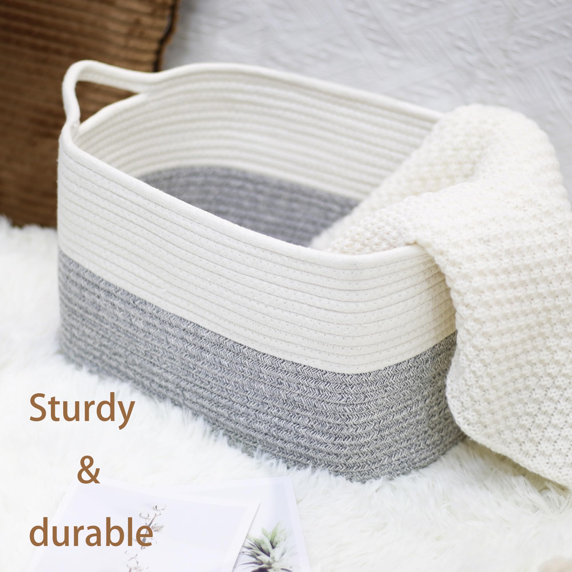 Poschnor 2 Pack Woven Rope Basket with Handles, 15''X10''X9'' Storage Bins Basket, Basket for gifts, Basket for Living Room, Storage Organizer for Towels, Closets, Books, Toys, Grey/White.