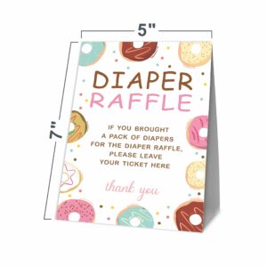 JCVUK Baby Shower Games, 1 Diaper Raffle Standing Sign with 50 Diaper Raffle Tickets,Donut Love Theme Babyshower Party Decorations and Supplies For Boys or Girls(LBLK-B12)