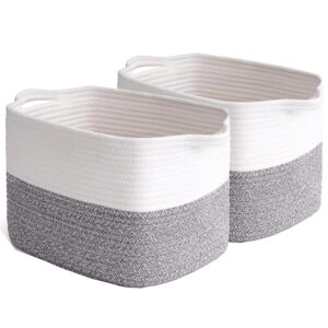 poschnor 2 pack woven rope basket with handles, 15''x10''x9'' storage bins basket, basket for gifts, basket for living room, storage organizer for towels, closets, books, toys, grey/white.