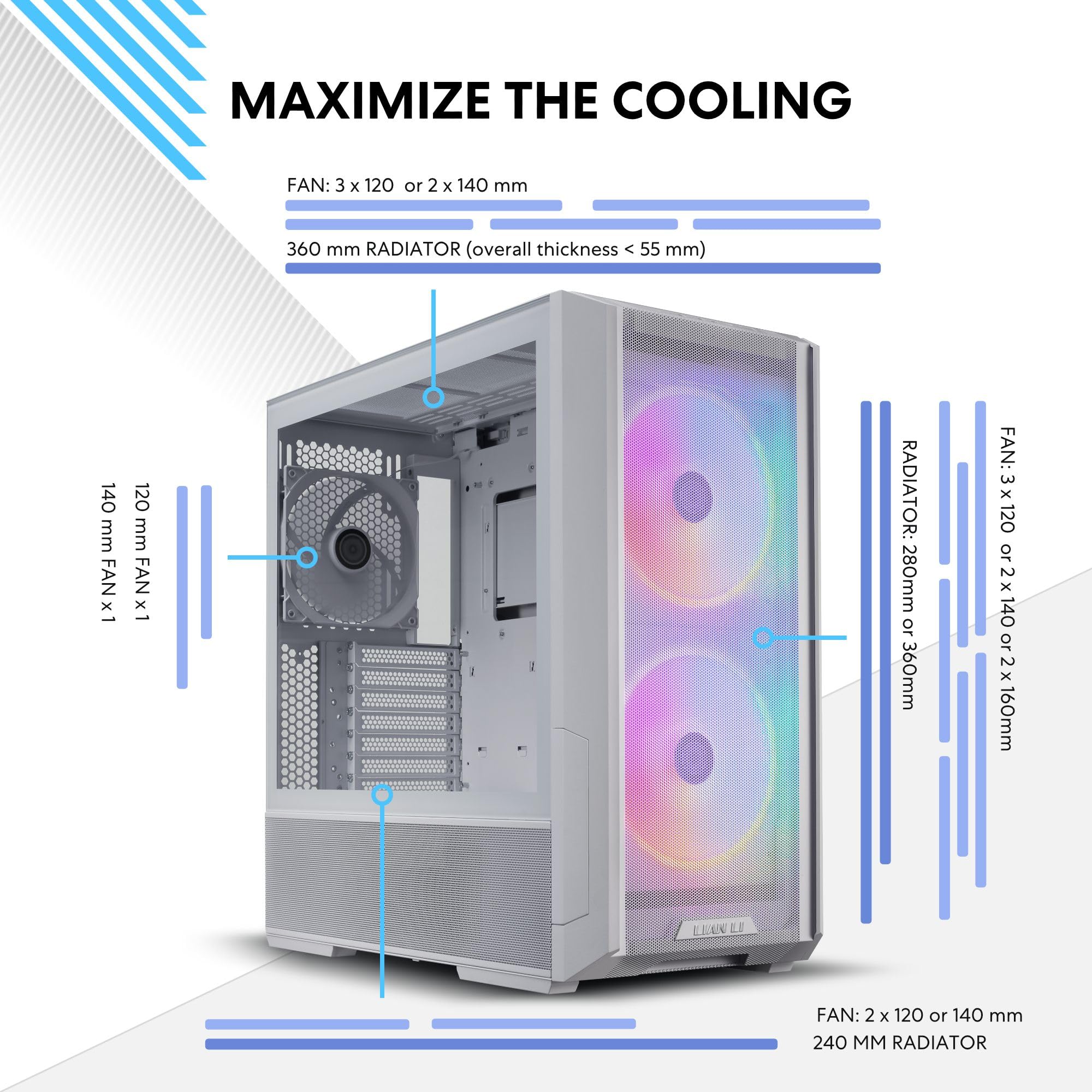 Lian Li Lancool 216 Mid-tower case with high cooling performance - Includes dual front 160MM PWM fans and 1 rear 140MM PWM fan - Airflow focused - Up to 10 fans (LANCOOL 216R-W WHITE)