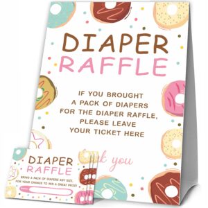 JCVUK Baby Shower Games, 1 Diaper Raffle Standing Sign with 50 Diaper Raffle Tickets,Donut Love Theme Babyshower Party Decorations and Supplies For Boys or Girls(LBLK-B12)