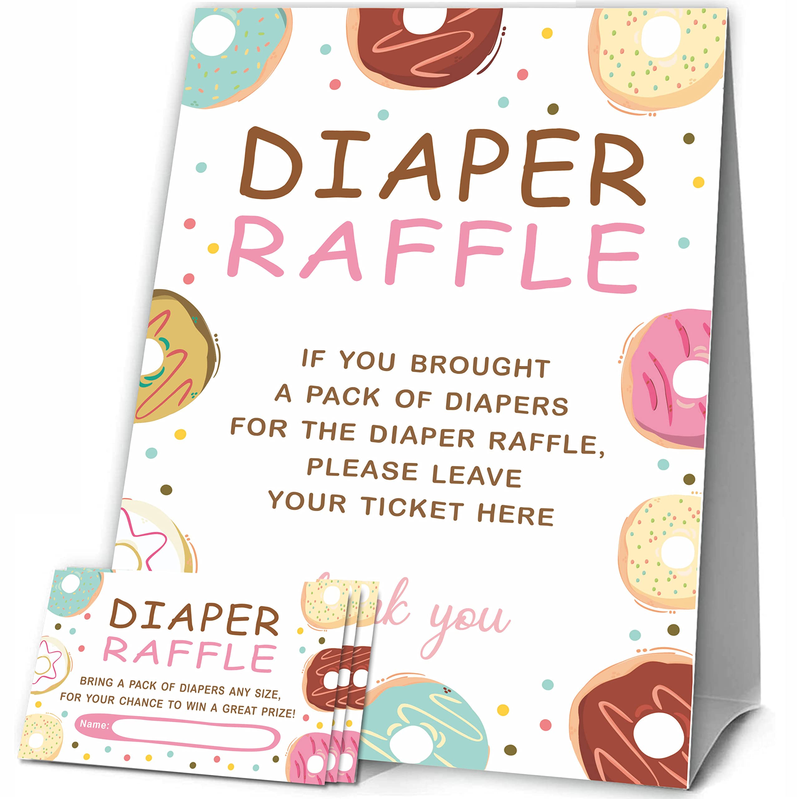 JCVUK Baby Shower Games, 1 Diaper Raffle Standing Sign with 50 Diaper Raffle Tickets,Donut Love Theme Babyshower Party Decorations and Supplies For Boys or Girls(LBLK-B12)