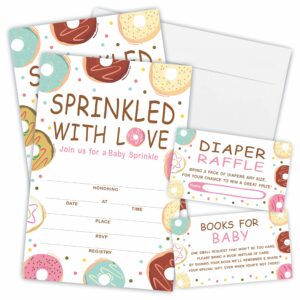 jcvuk set of 25 baby shower invitations with envelopes, diaper raffle tickets and baby shower book request cards,colored donut theme babyshower party for boys or girls(yqktz-b12)