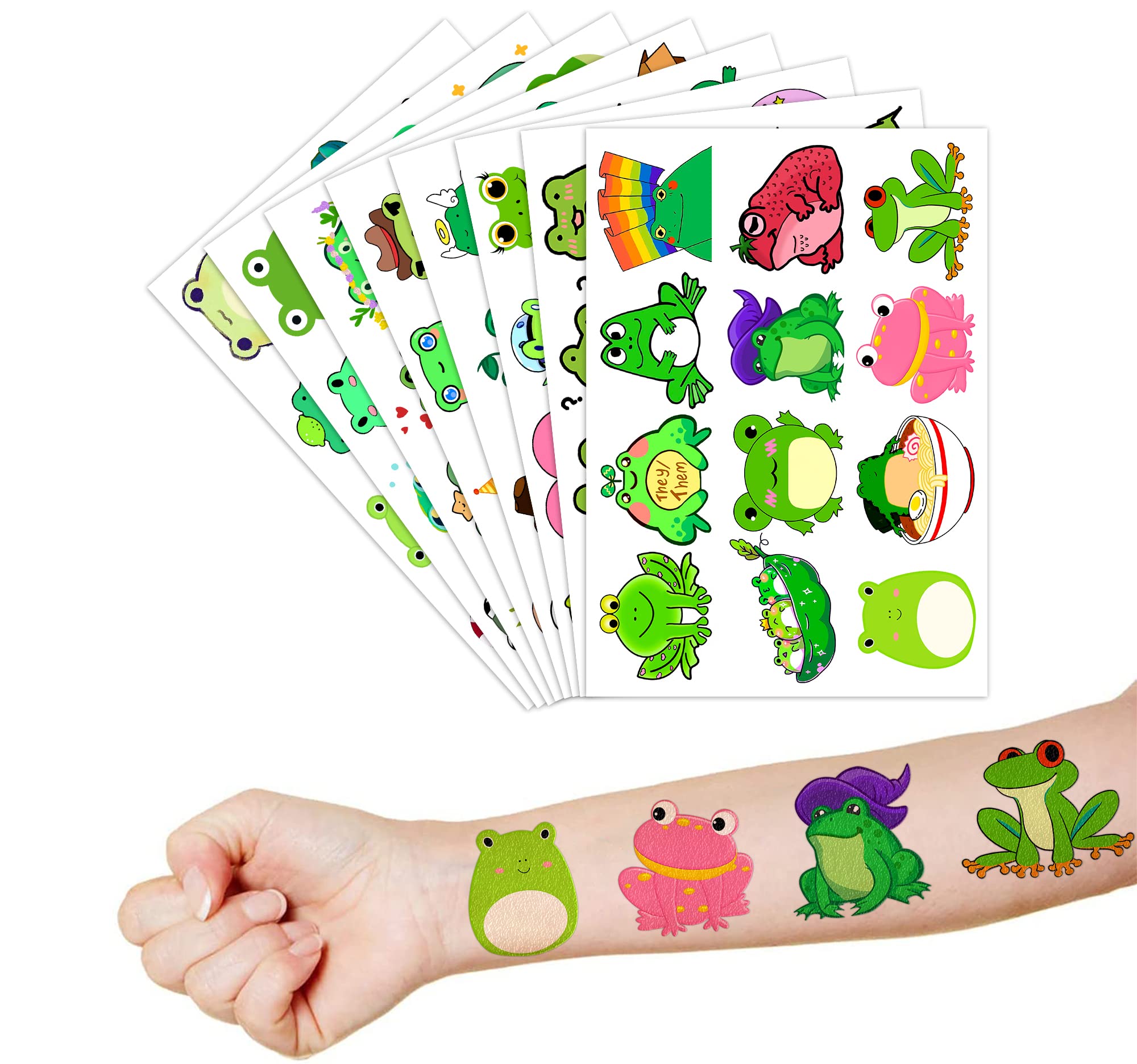 Frog Temporary Tattoos Birthday Themed Party Supplies Decorations Favors Cute Stickers Tattoo 8 Sheets 96 PCS Gifts for Kids Girls Boys Decor Class School Reward Carnival Christmas