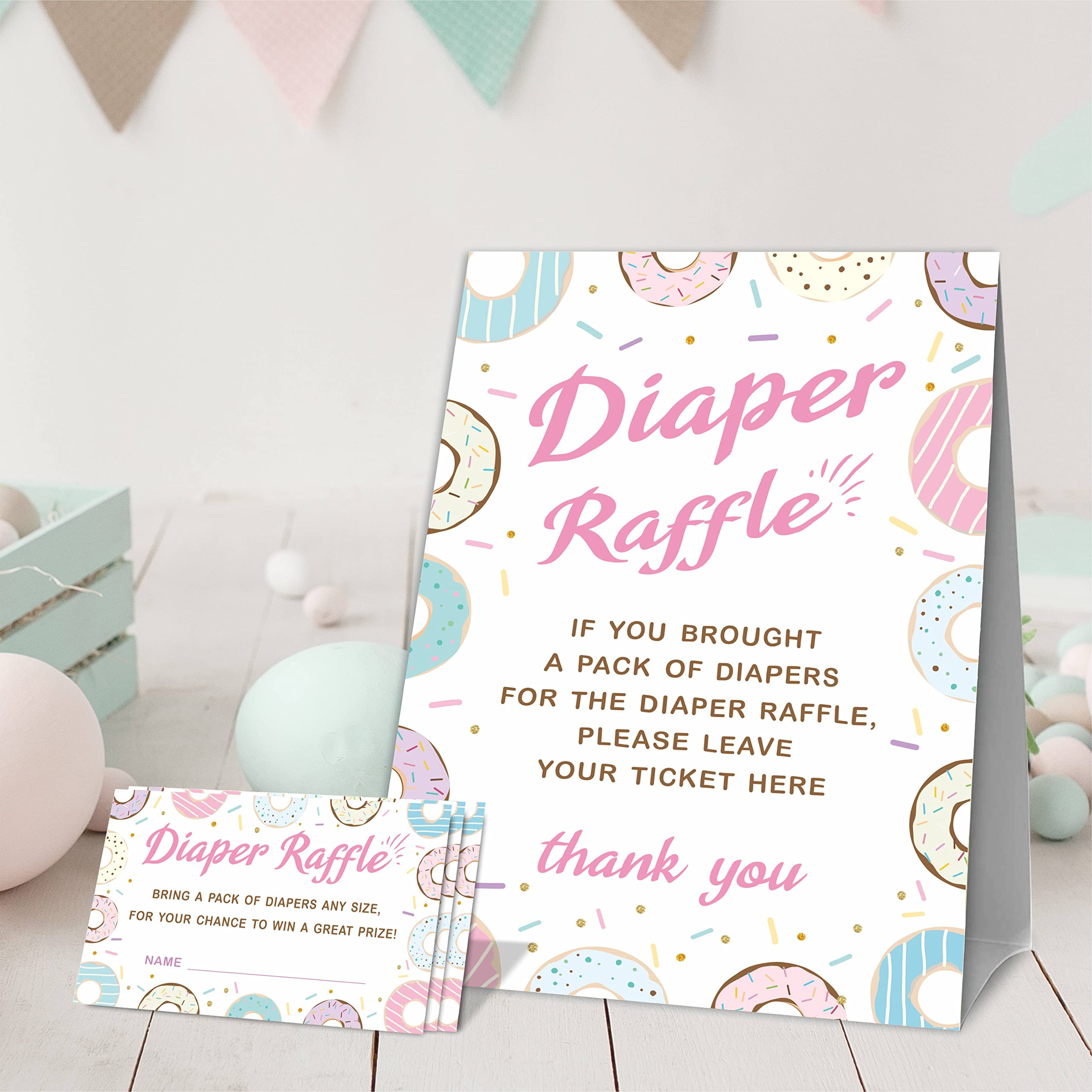 JCVUK Baby Shower Games, 1 Diaper Raffle Standing Sign with 50 Diaper Raffle Tickets,Donut Love Theme Babyshower Party Decorations and Supplies For Boys or Girls(LBLK-B09)