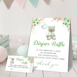 JCVUK Baby Shower Games, 1 Diaper Raffle Standing Sign with 50 Diaper Raffle Tickets,Green Bear Theme Babyshower Party Decorations and Supplies For Boys or Girls(LBLK-B03)