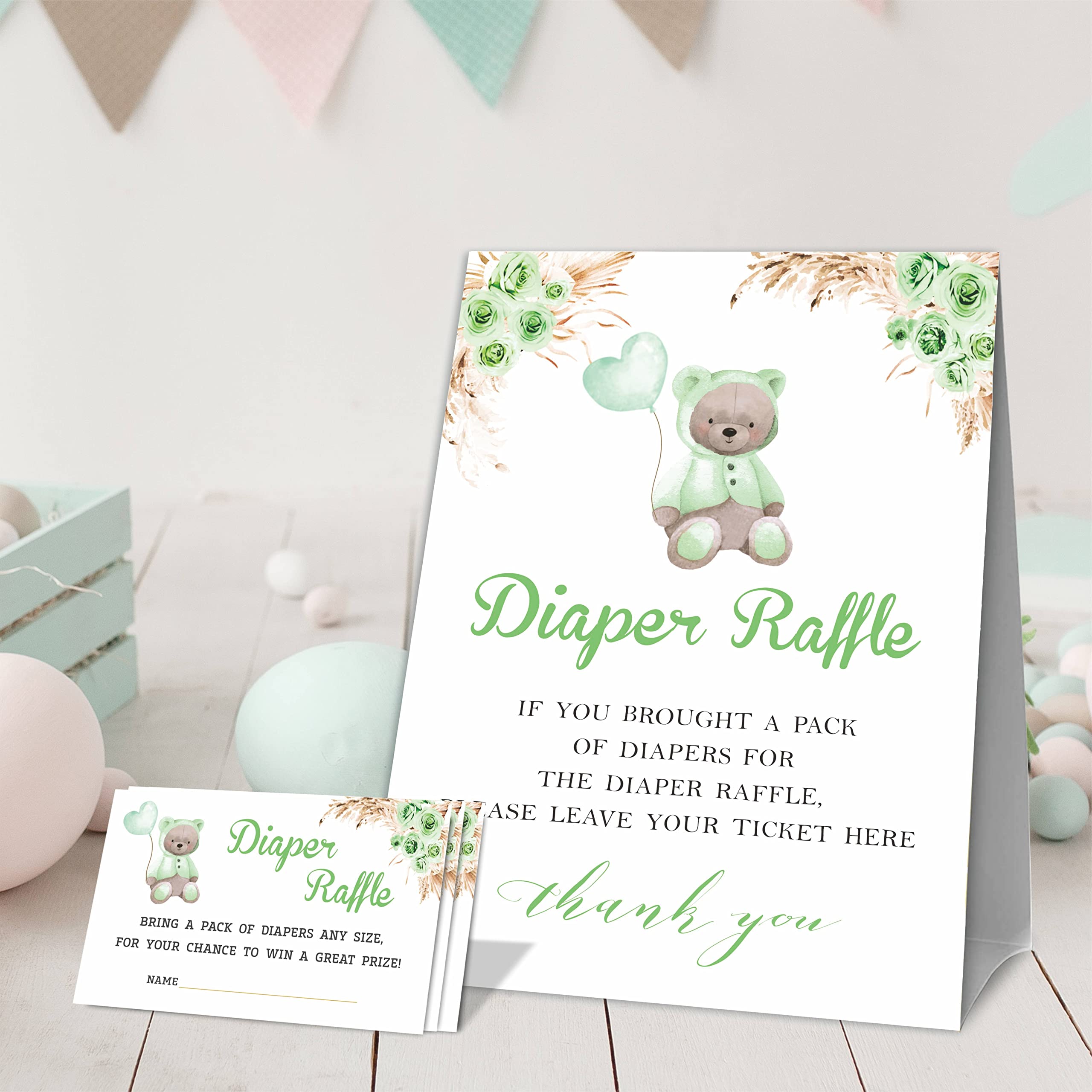 JCVUK Baby Shower Games, 1 Diaper Raffle Standing Sign with 50 Diaper Raffle Tickets,Green Bear Theme Babyshower Party Decorations and Supplies For Boys or Girls(LBLK-B03)