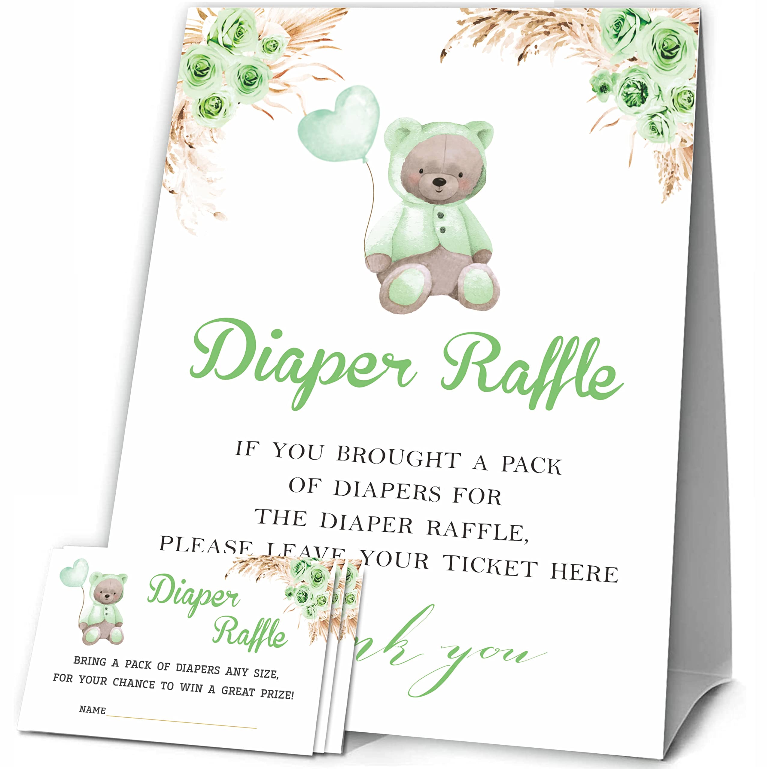 JCVUK Baby Shower Games, 1 Diaper Raffle Standing Sign with 50 Diaper Raffle Tickets,Green Bear Theme Babyshower Party Decorations and Supplies For Boys or Girls(LBLK-B03)