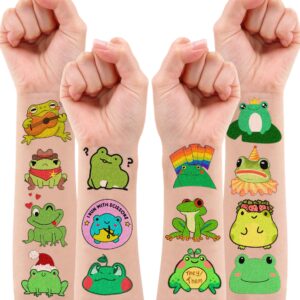 Frog Temporary Tattoos Birthday Themed Party Supplies Decorations Favors Cute Stickers Tattoo 8 Sheets 96 PCS Gifts for Kids Girls Boys Decor Class School Reward Carnival Christmas