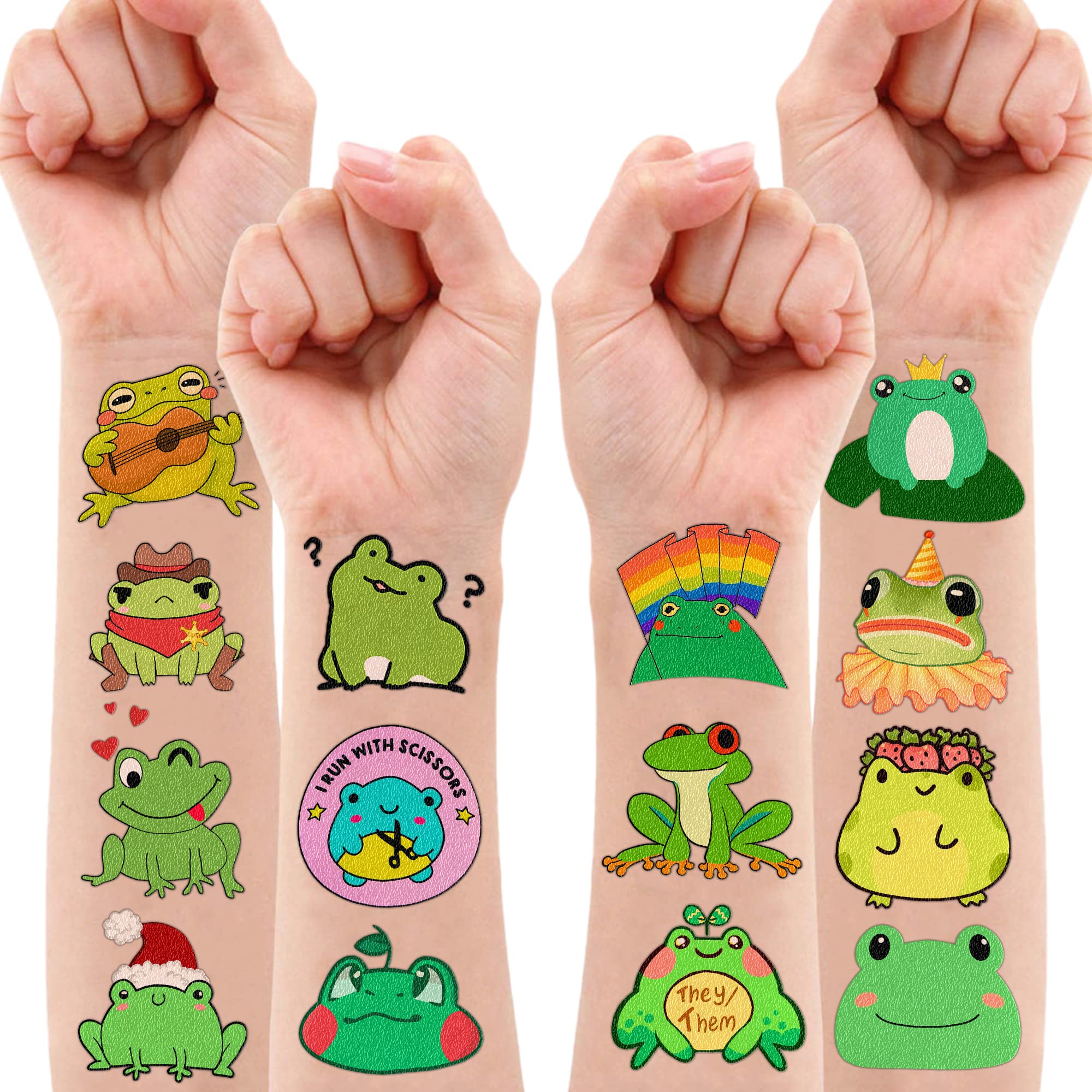 Frog Temporary Tattoos Birthday Themed Party Supplies Decorations Favors Cute Stickers Tattoo 8 Sheets 96 PCS Gifts for Kids Girls Boys Decor Class School Reward Carnival Christmas