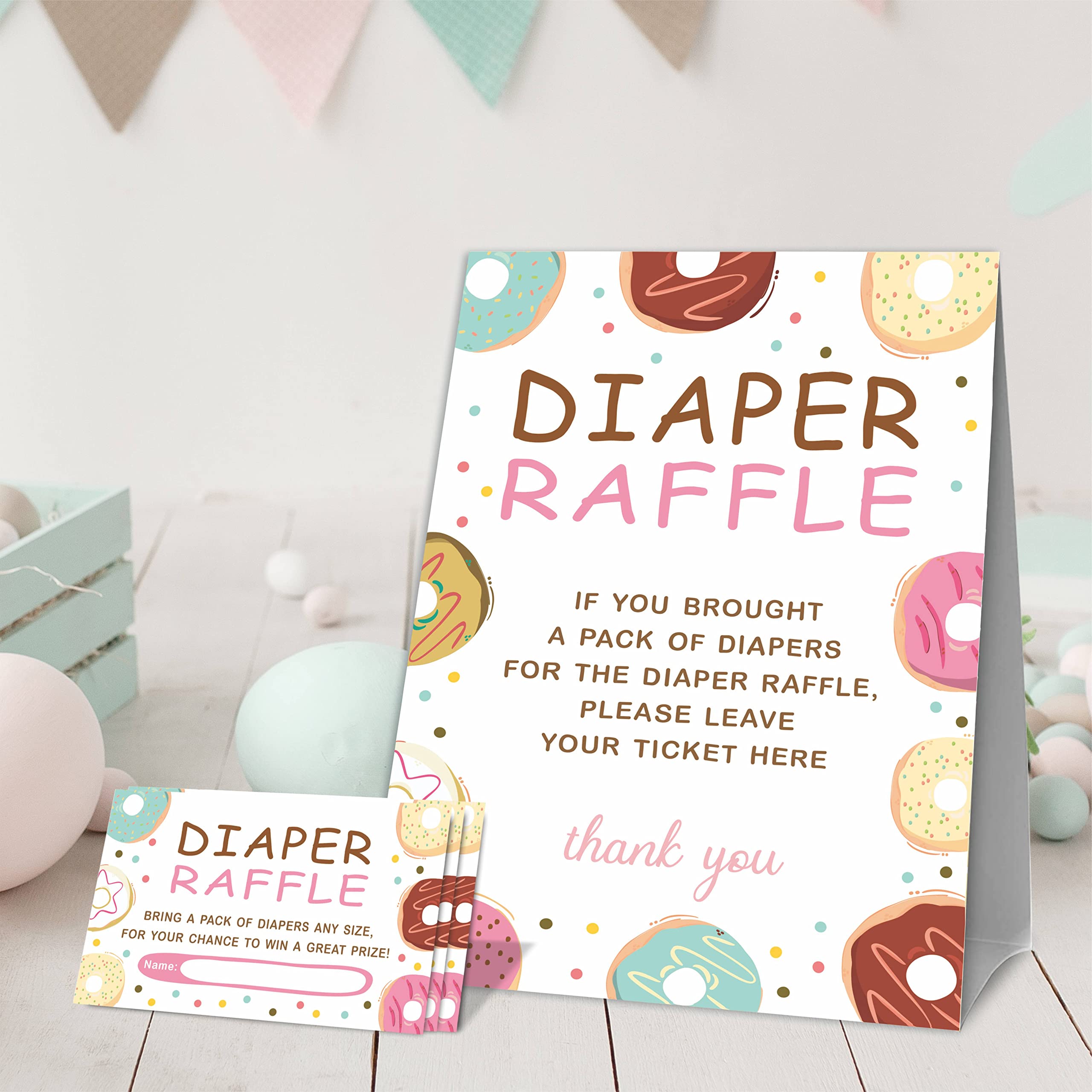 JCVUK Baby Shower Games, 1 Diaper Raffle Standing Sign with 50 Diaper Raffle Tickets,Donut Love Theme Babyshower Party Decorations and Supplies For Boys or Girls(LBLK-B12)