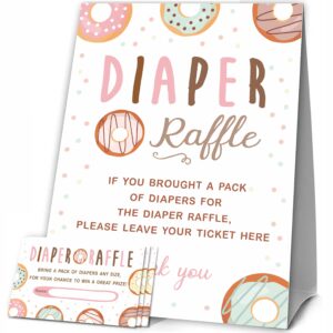 JCVUK Baby Shower Games, 1 Diaper Raffle Standing Sign with 50 Diaper Raffle Tickets,Donut Love Theme Babyshower Party Decorations and Supplies For Boys or Girls(LBLK-B11)