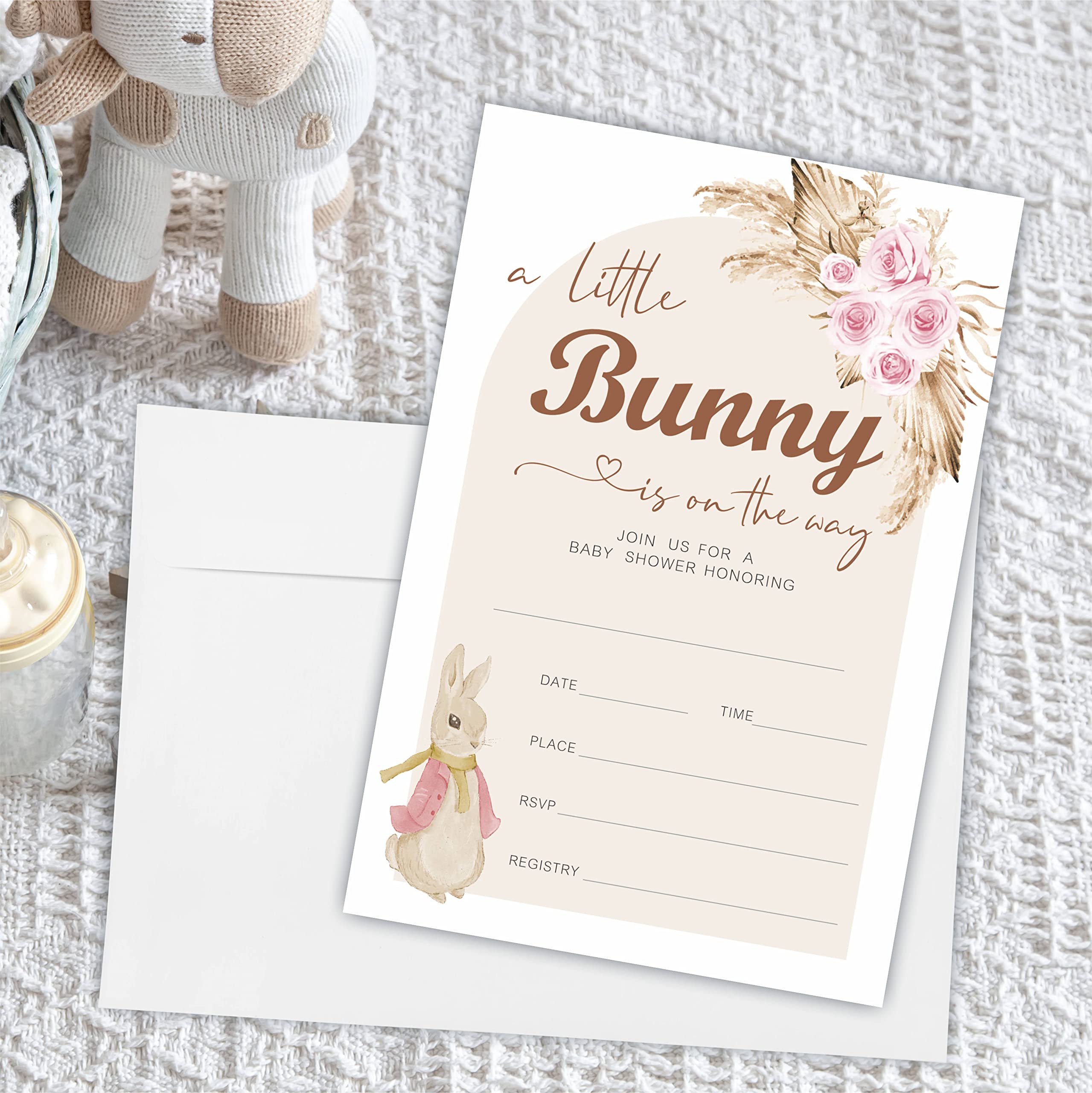 JCVUK Baby Shower Invites,Boho Bunny Theme Baby Shower Invitation Cards With Envelopes(25 Pack), Bunny Baby Shower Decorations And Supplies For Boys Girls(YQK-B04)