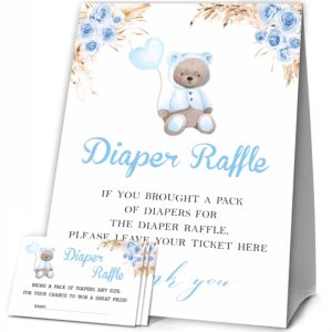 JCVUK Baby Shower Games, 1 Diaper Raffle Standing Sign with 50 Diaper Raffle Tickets,Purple Bear Theme Babyshower Party Decorations and Supplies For Boys or Girls(LBLK-B02)