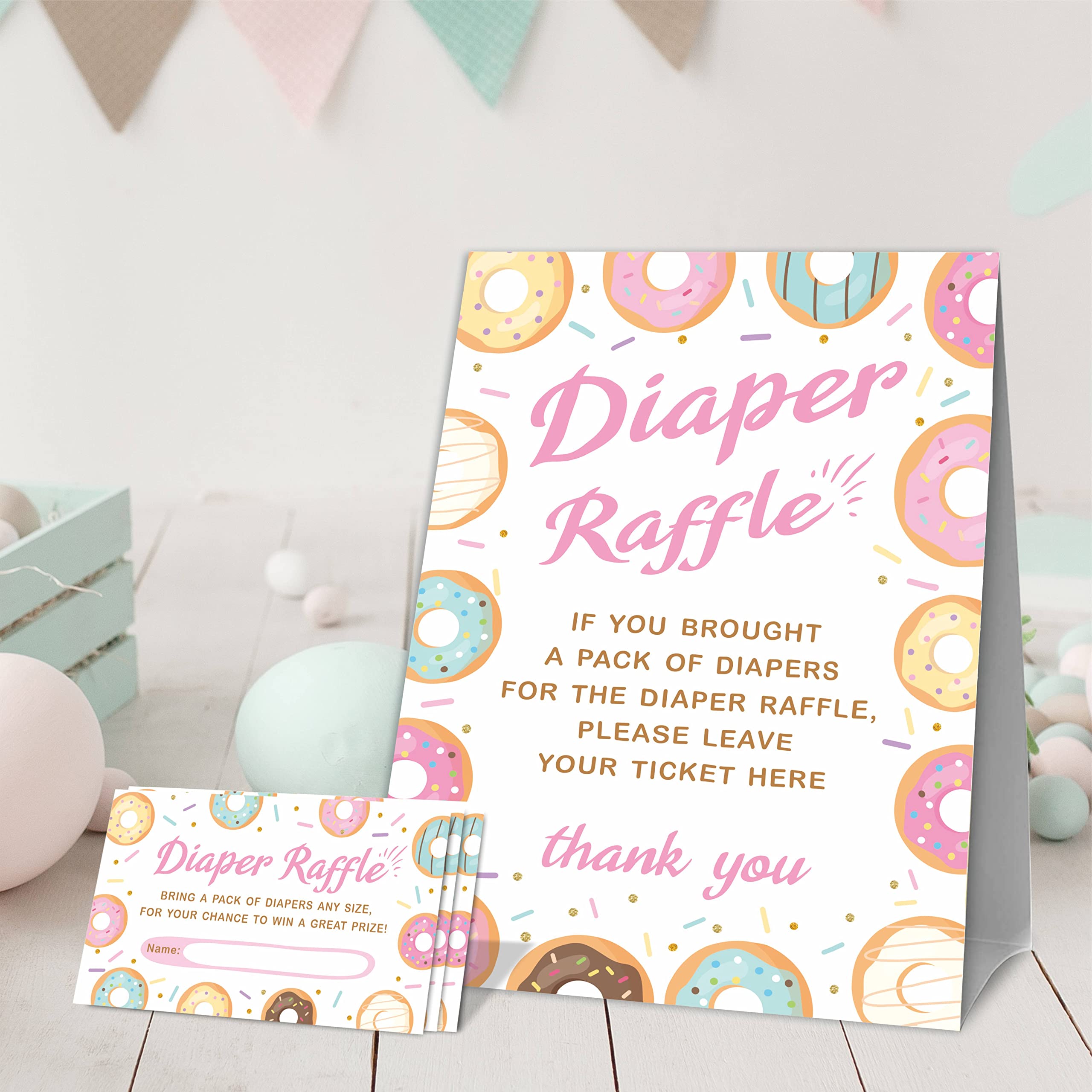 JCVUK Baby Shower Games, 1 Diaper Raffle Standing Sign with 50 Diaper Raffle Tickets,Donut Love Theme Babyshower Party Decorations and Supplies For Boys or Girls(LBLK-B07)