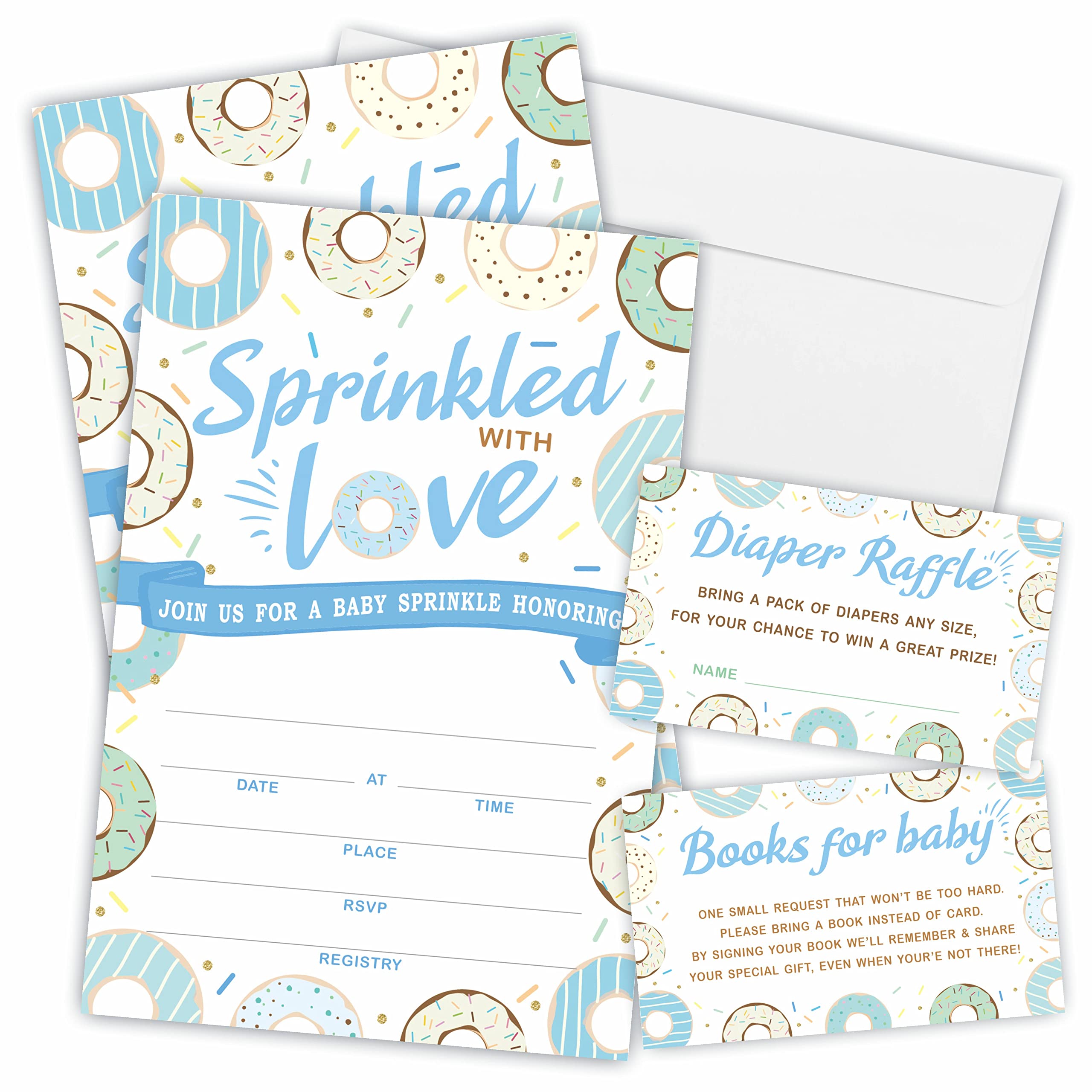 JCVUK Set of 25 Baby Shower Invitations with Envelopes, Diaper Raffle Tickets and Baby Shower Book Request Cards,Colored Donut Theme Babyshower Party For Boys or Girls(YQKTZ-B08)