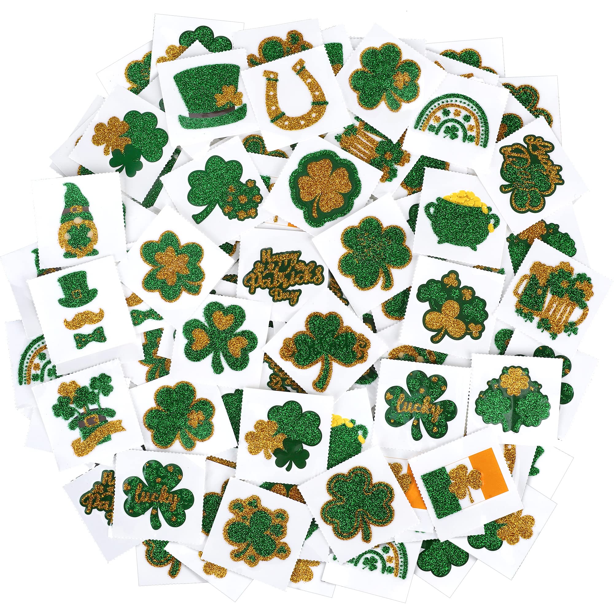 durony 144 Pieces St. Patrick's Day Temporary Tattoo Stickers 24 Styles Glitter Shamrock Face Stickers 6 Sheets Waterproof Gold Green Party Decoration DIY Accessories for Saint Patrick's Day