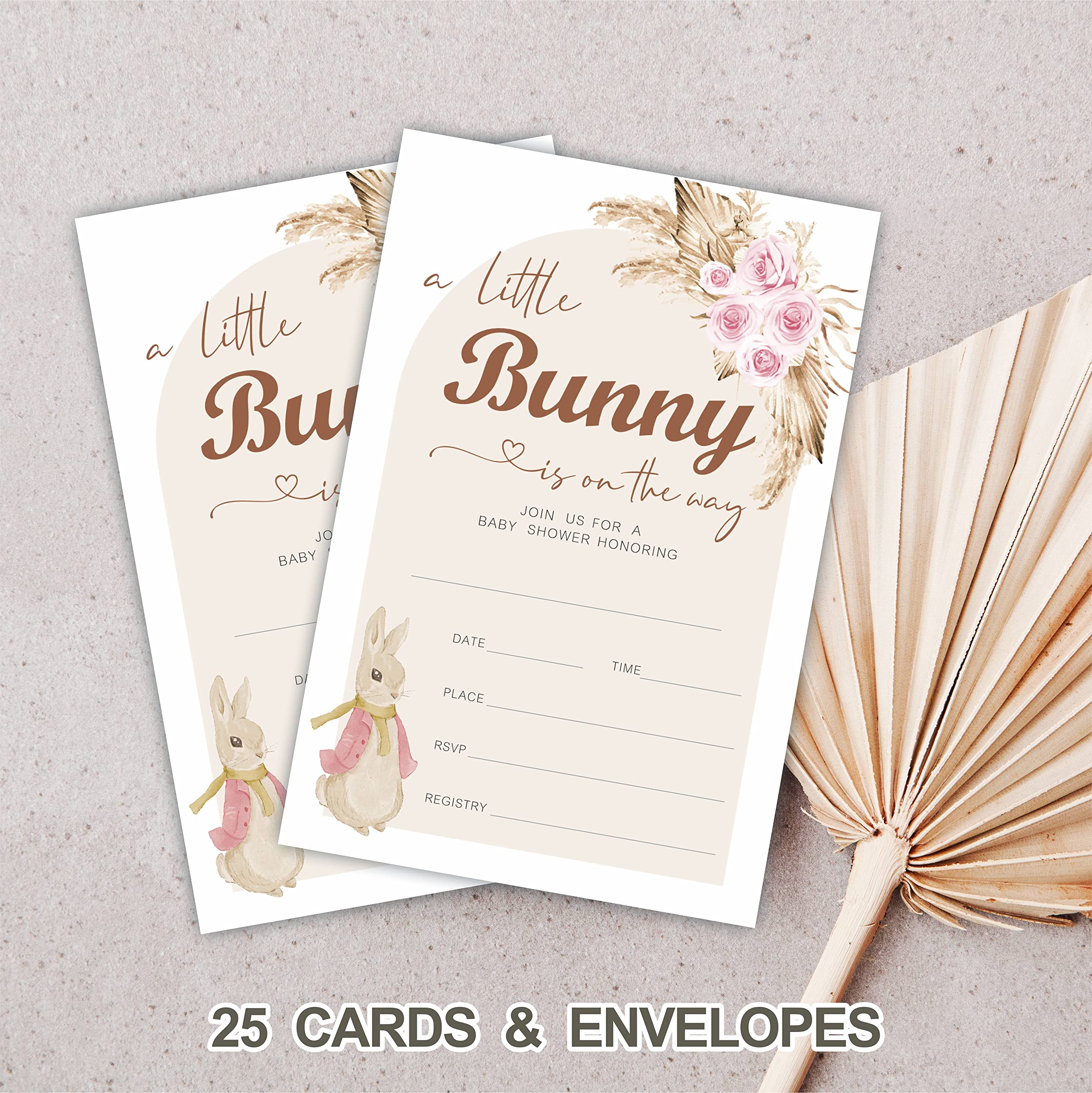 JCVUK Baby Shower Invites,Boho Bunny Theme Baby Shower Invitation Cards With Envelopes(25 Pack), Bunny Baby Shower Decorations And Supplies For Boys Girls(YQK-B04)