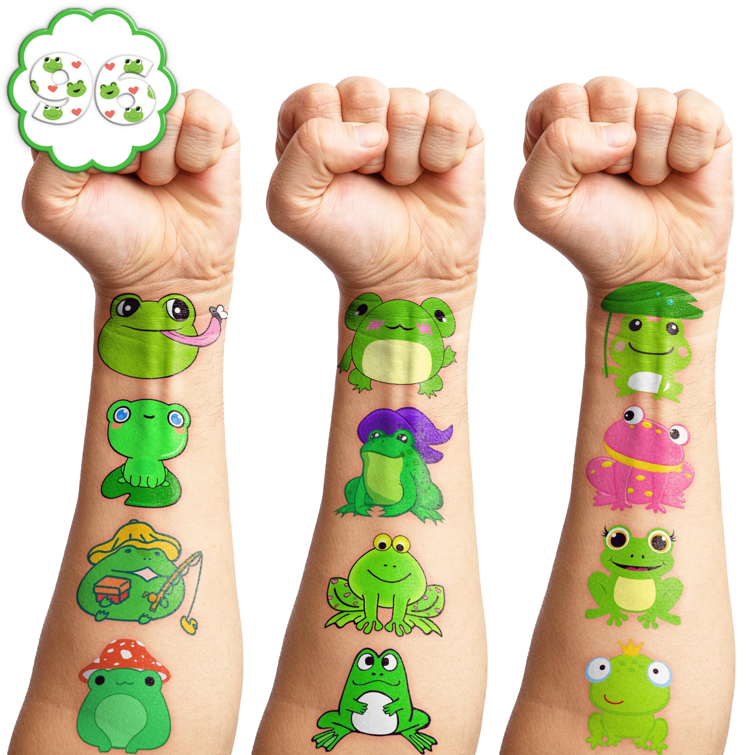 Frog Temporary Tattoos Birthday Themed Party Supplies Decorations Favors Cute Stickers Tattoo 8 Sheets 96 PCS Gifts for Kids Girls Boys Decor Class School Reward Carnival Christmas