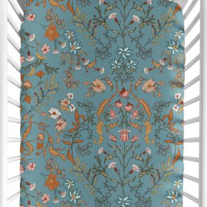 Sweet Jojo Designs Boho Wildflower Vintage Floral Girl Fitted Crib Sheet Baby Toddler Bed Nursery Teal Turquoise Rust Orange Daisy Leaves Botanical Paisley Leaf Flower Bohemian Farmhouse Blue Green