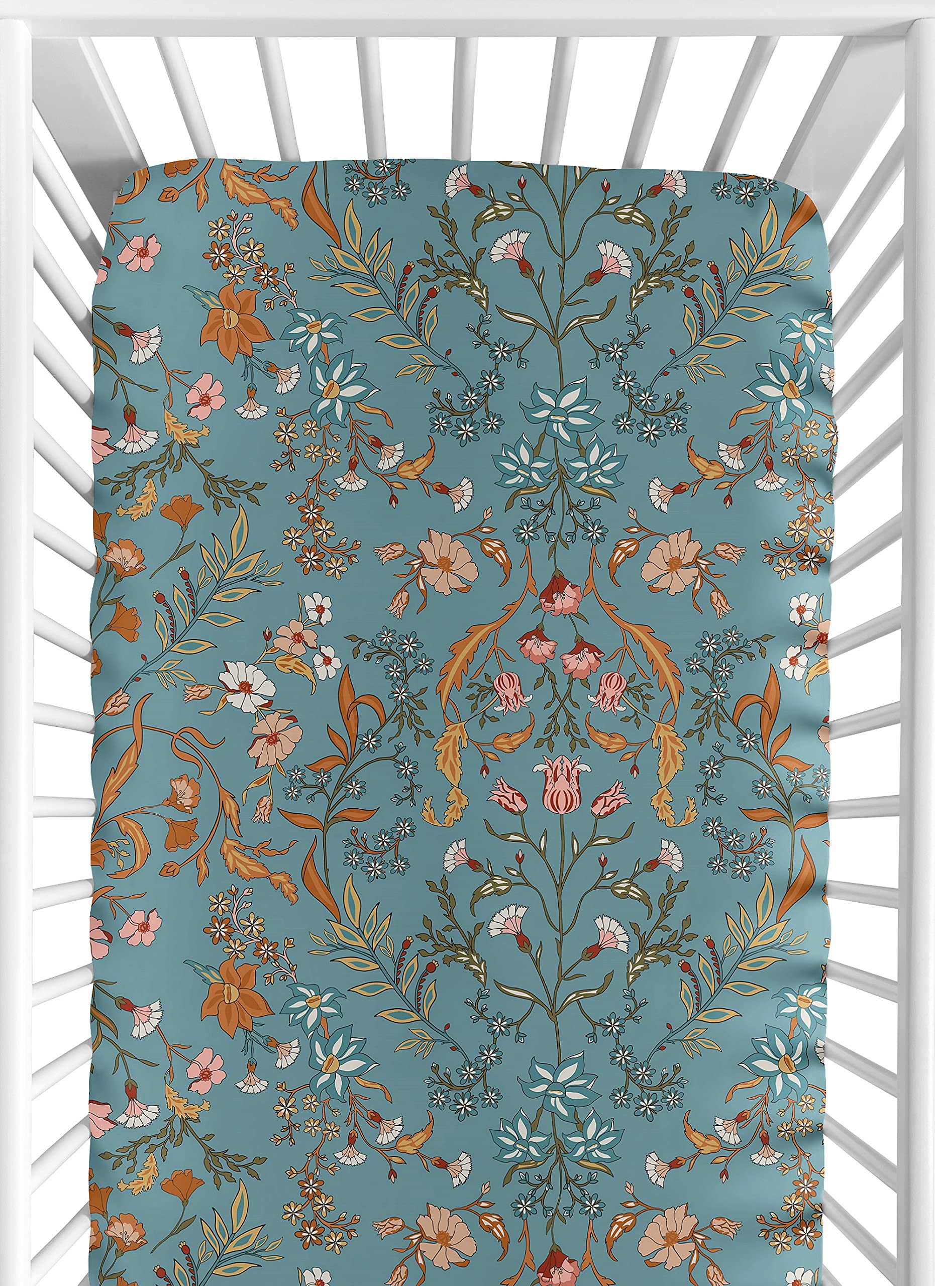 Sweet Jojo Designs Boho Wildflower Vintage Floral Girl Fitted Crib Sheet Baby Toddler Bed Nursery Teal Turquoise Rust Orange Daisy Leaves Botanical Paisley Leaf Flower Bohemian Farmhouse Blue Green