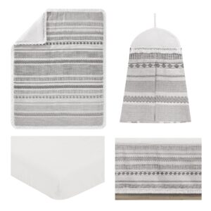 Sweet Jojo Designs Grey Boho Tribal Bohemian Baby Boy Girl Unisex Nursery Crib Bedding Set Jacquard Aztec Gender Neutral Modern Geometric Stripes Gray Off White Ivory Textured Tufted Fringe 4pc