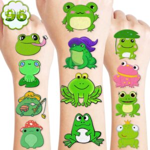 Frog Temporary Tattoos Birthday Themed Party Supplies Decorations Favors Cute Stickers Tattoo 8 Sheets 96 PCS Gifts for Kids Girls Boys Decor Class School Reward Carnival Christmas