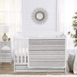 sweet jojo designs grey boho tribal bohemian baby boy girl unisex nursery crib bedding set jacquard aztec gender neutral modern geometric stripes gray off white ivory textured tufted fringe 4pc