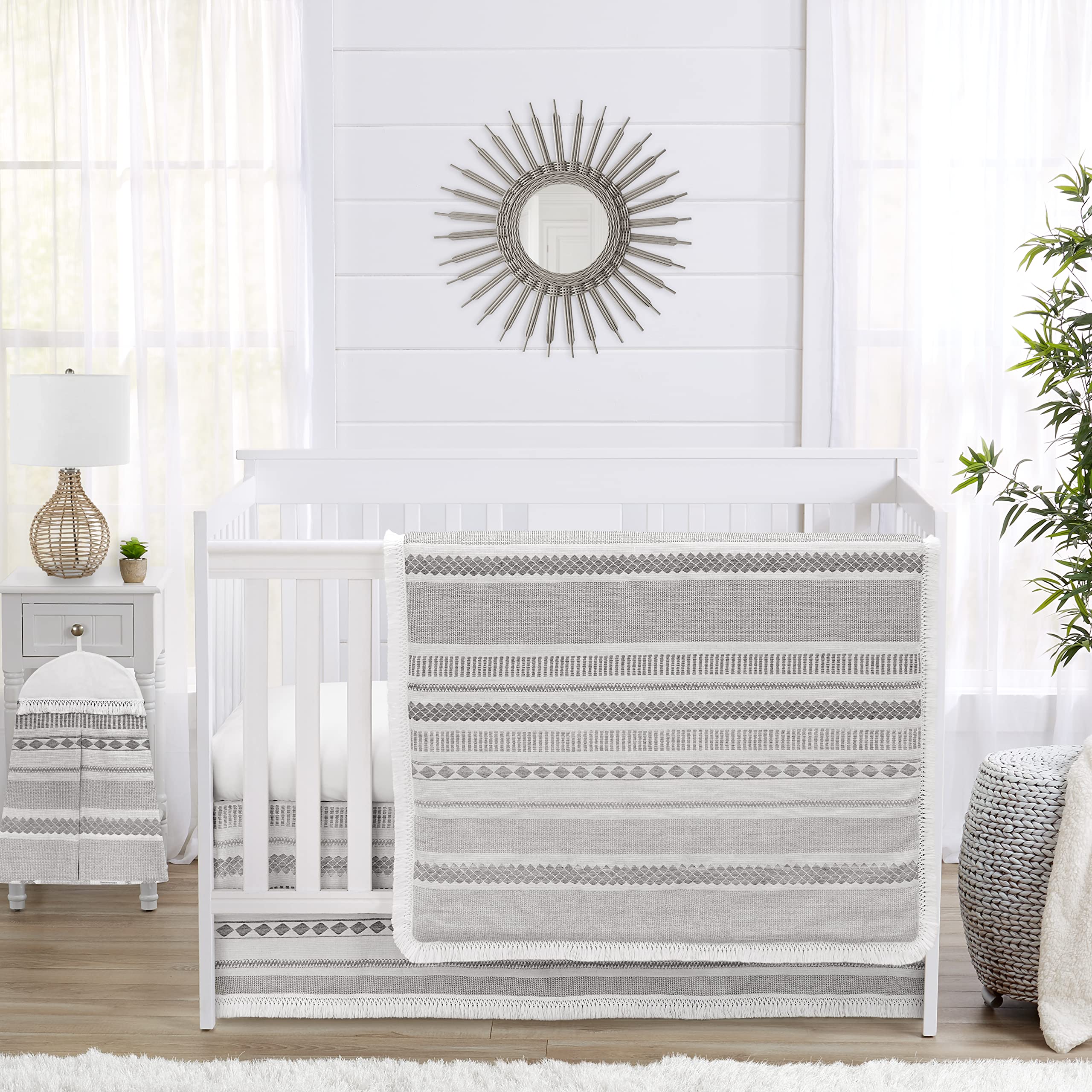 Sweet Jojo Designs Grey Boho Tribal Bohemian Baby Boy Girl Unisex Nursery Crib Bedding Set Jacquard Aztec Gender Neutral Modern Geometric Stripes Gray Off White Ivory Textured Tufted Fringe 4pc