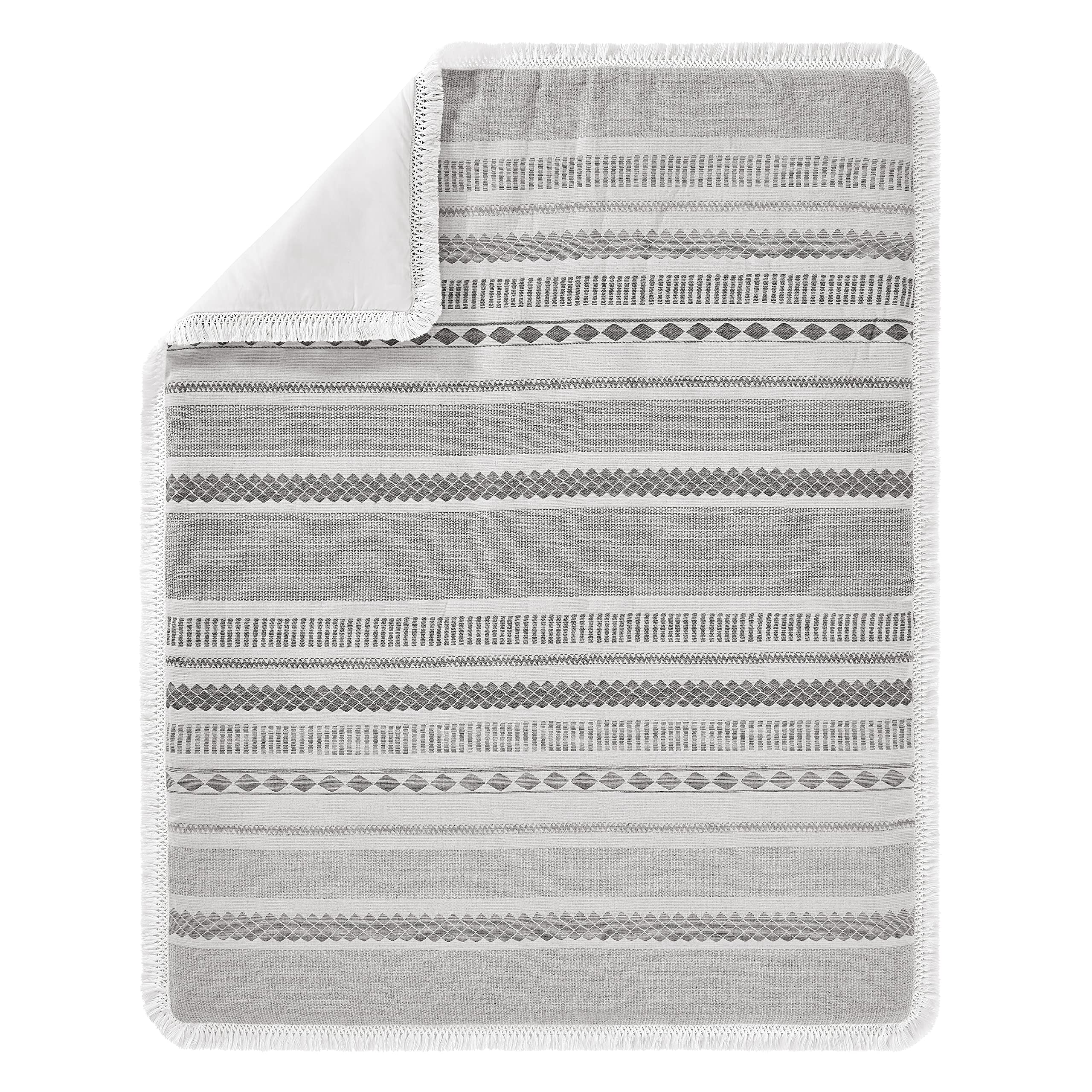 Sweet Jojo Designs Grey Boho Tribal Bohemian Baby Boy Girl Unisex Nursery Crib Bedding Set Jacquard Aztec Gender Neutral Modern Geometric Stripes Gray Off White Ivory Textured Tufted Fringe 4pc