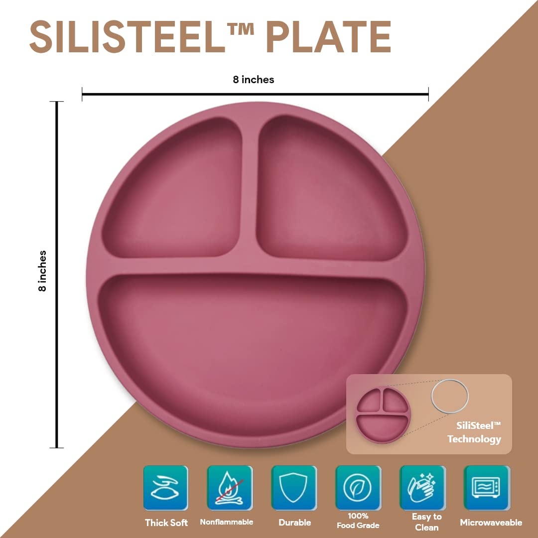 BraveJusticeKidsCo. | SiliSteel™ 2 Pack Silicone Plate for Big Kids | Divided Toddler 2 Pack Plates with Three Compartments for Self Feeding | Dishwasher Safe | Patent Pending (Dusty Rose)