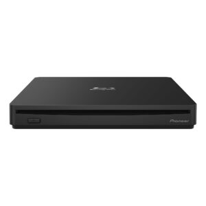 pioneer external blu-ray drive bdr-xs07uhd@6x slot loading portable with a matte-black body usb 3.2 gen1(3.0) bd/dvd/cd writer. firmware 2023 (version: 1.03 and up). cyberlink software included