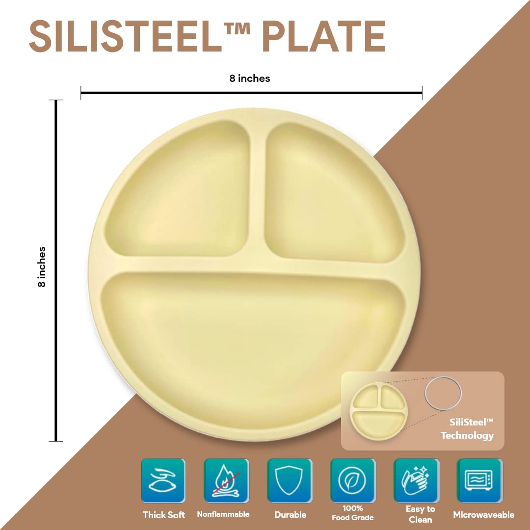 BraveJusticeKidsCo. | SiliSteel™ 2 Pack Silicone Plate for Big Kids | Divided with Deep Sides and Three Compartments | Dishwasher Safe | Patent Pending (Cream)