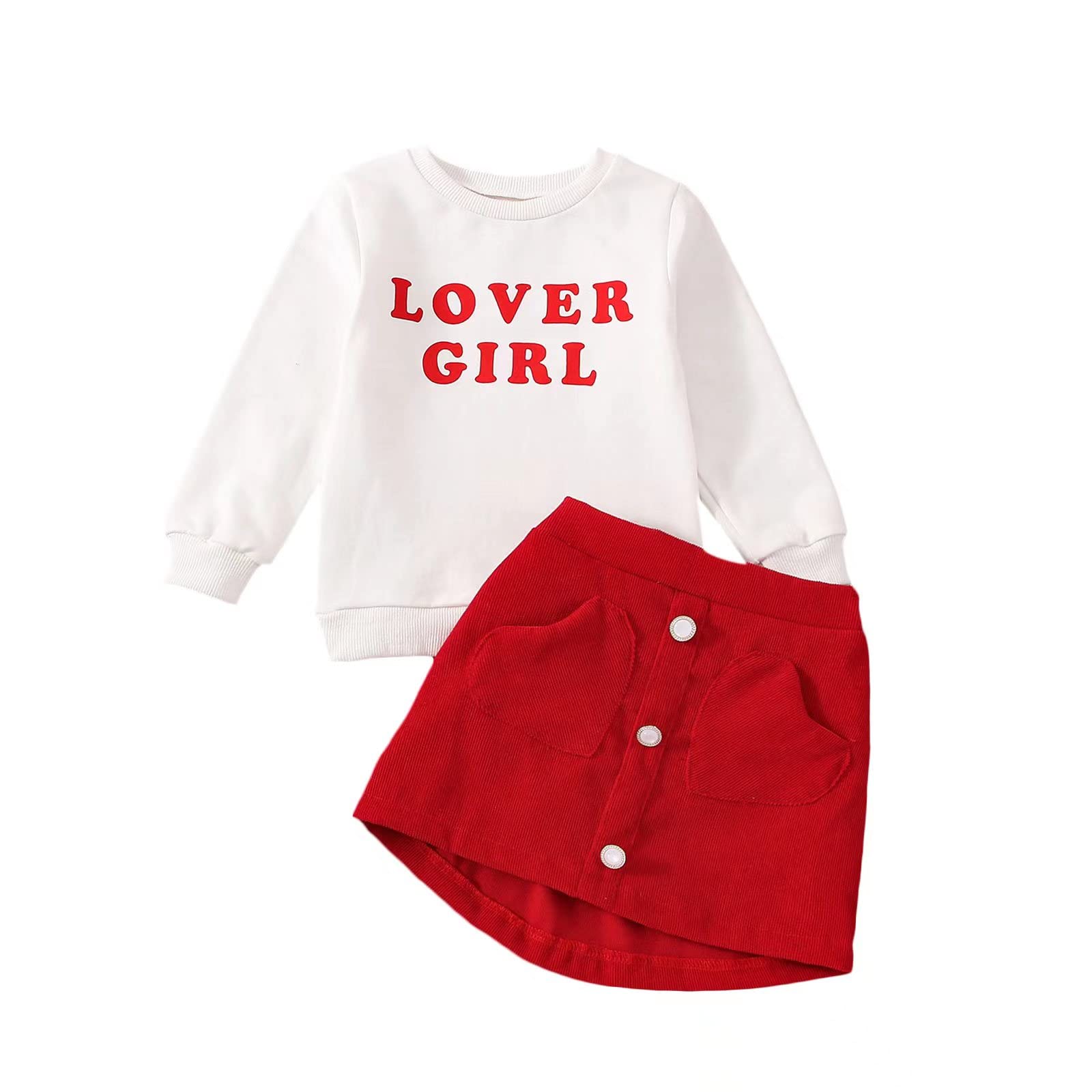 Toddler Valentines Day Outfit Baby Girl Valentines Shirt Love Sweatshirt+Heart Corduroy Skirts Cute Clothes Set (Lover Girl Red,4-5T)