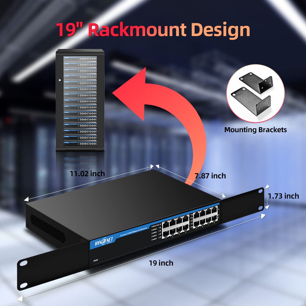 HYN@NET 8 Port Active Gigabit PoE Injector IEEE802.3at/af Compliant,150W PoE Midspan,1U 19” Rackmount