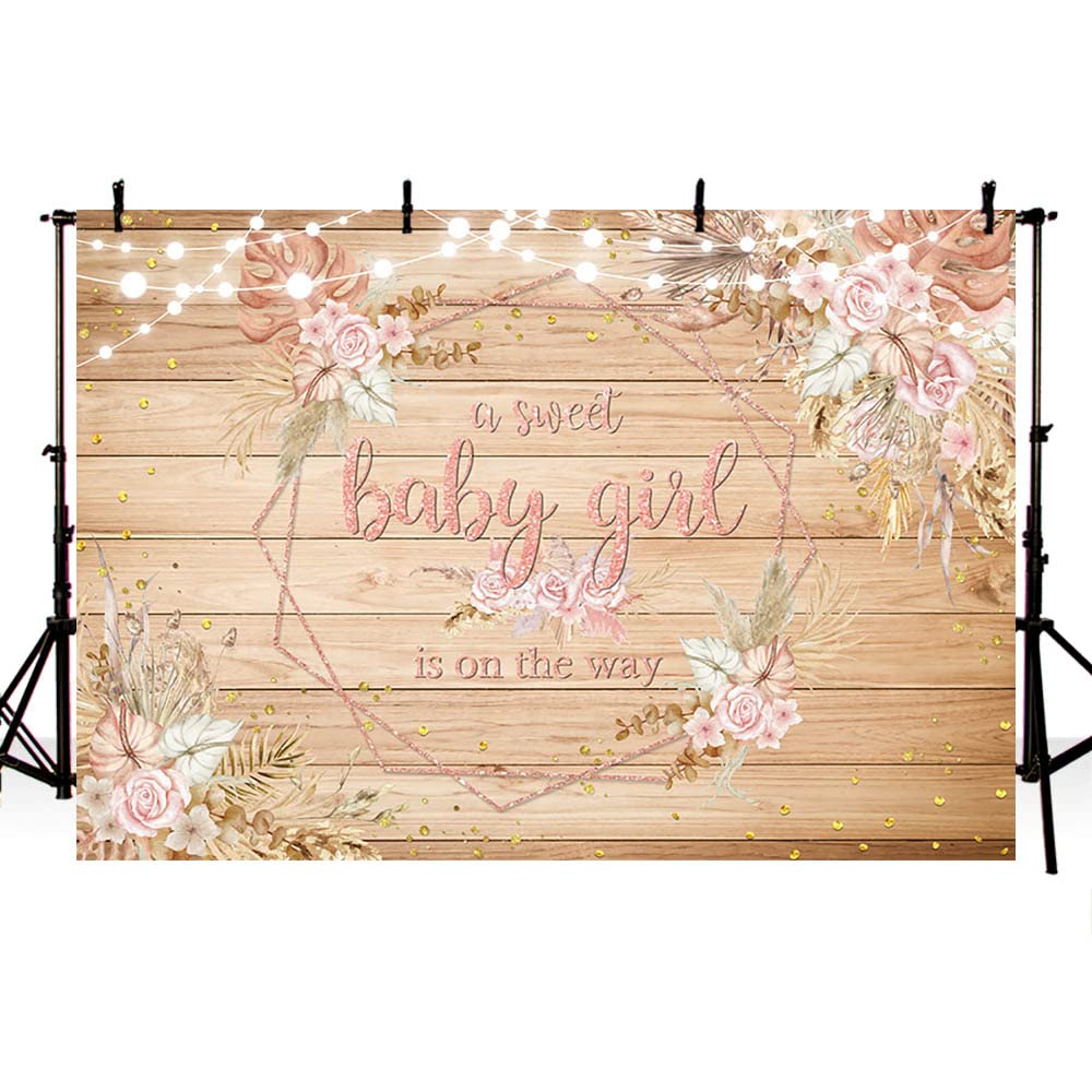 AIBIIN 7x5ft Rustic Wood Baby Shower Backdrop Boho A Sweet Baby Girl is On The Way Pink Pampas Grass Flowers Baby Shower PHotography Background Boho Baby Shower Decorations for Girl Supplies