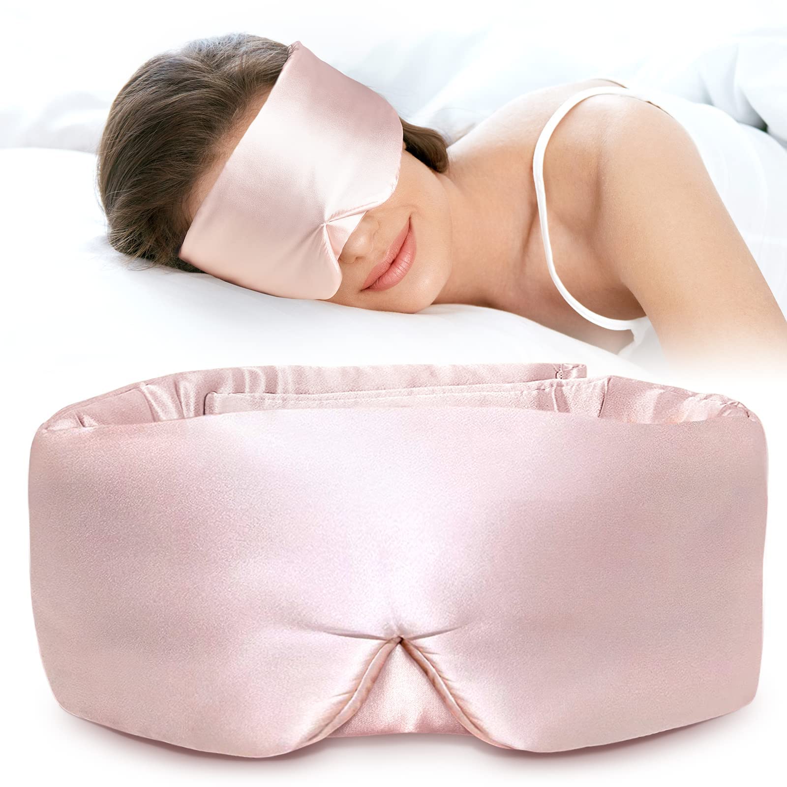 LitBear Silk Sleep Mask for Side Sleeper, Eye Mask Sleeping for Women Men 100% 22 Momme Pure Mulberry Silk, Face-Hugging Padded Silk Eye Cover for Sleeping with Adjustable Band (Pink)