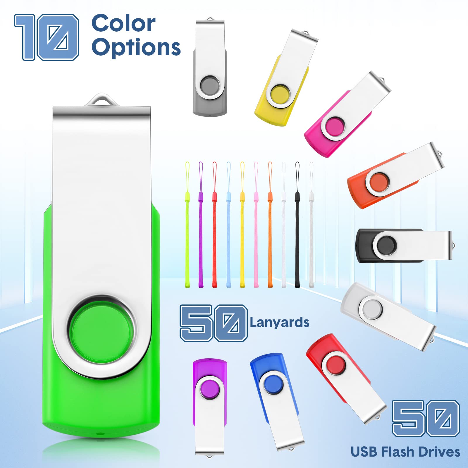 50 Pack USB Flash Drives Bulk with Lanyards USB 2.0 Thumb Drive Swivel Storage Flash Drive Pack Bulk with LED Light for Data Storage Backup, 10 Colors (128 MB)