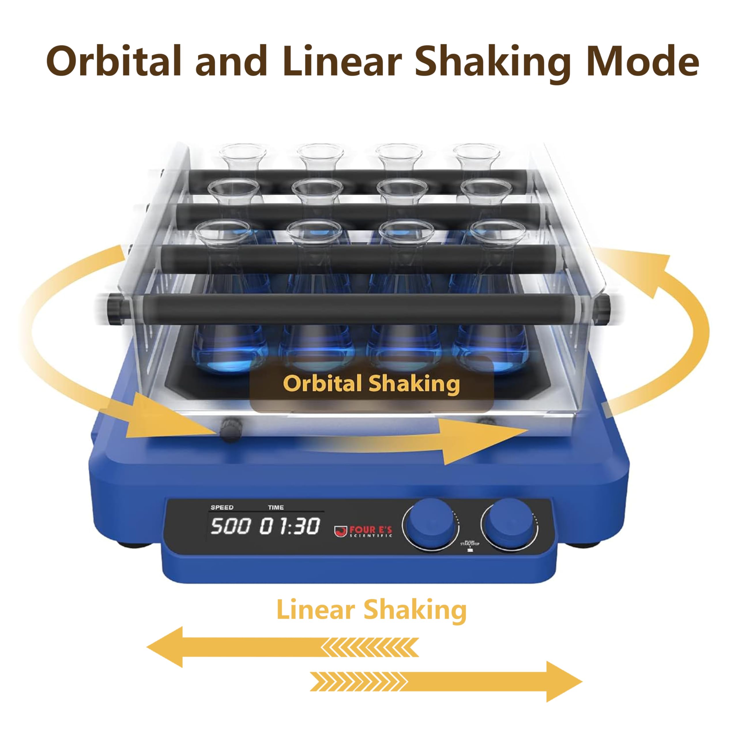 4E's USA Orbital and Linear Shaker - Adjustable Speed 20-500 RPM Orbital Shaker, 7.5 kg Loading Capacity Laboratory Shaker Mixer with Both Orbital Linear Shaking Mode, Continuous and Timed Operations