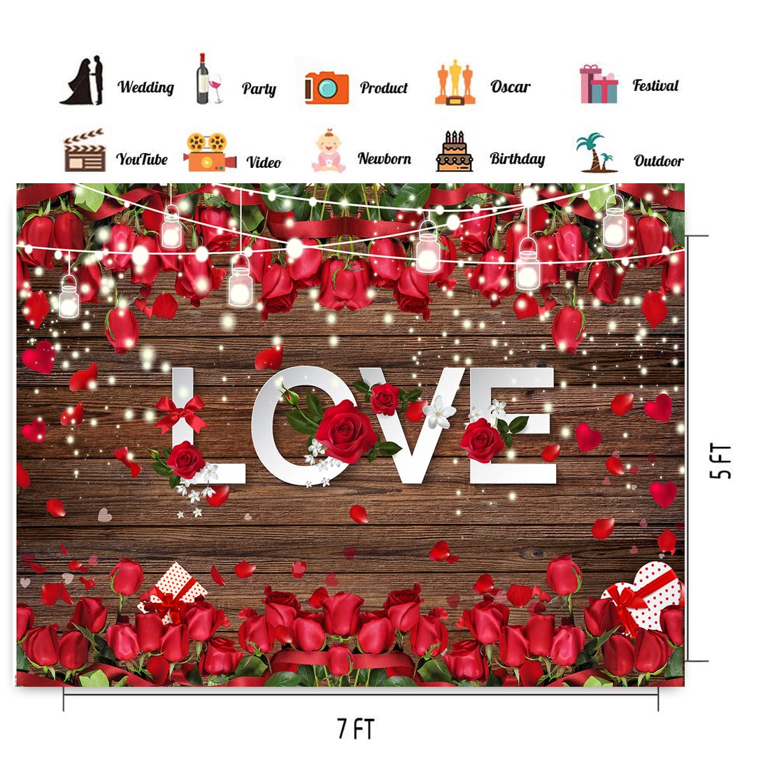 CHAIYA 7X5ft Mother's Day Backdrop Valentine Day Brown Wood Flower Love Heart Background Wedding Bridal Shower Party Decor Banner Valentine's Day Party Decoration CY-257