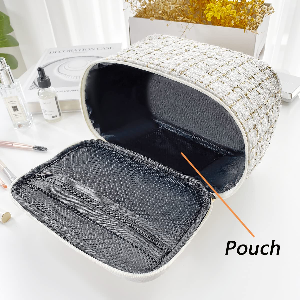 UBMSA Travel Makeup Bag Cosmetic Bag for Women Girls, Large Capacity Weave Woolen Cloth Travel Toiletry Organizer Makeup Bags Accessories Storage (White)