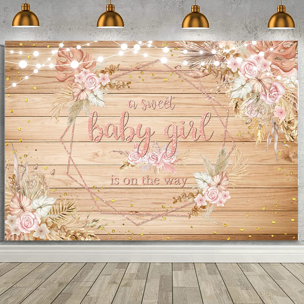 AIBIIN 7x5ft Rustic Wood Baby Shower Backdrop Boho A Sweet Baby Girl is On The Way Pink Pampas Grass Flowers Baby Shower PHotography Background Boho Baby Shower Decorations for Girl Supplies