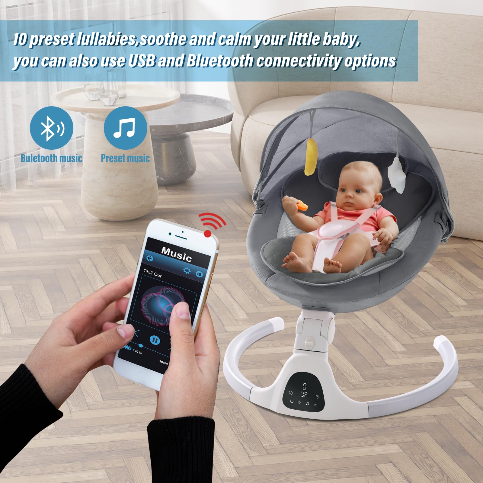 Baby Swing for Infants,Comfort Cradling Baby Rocker Portable Newborn Swing with Music/Remote Control/Timing Function,Grey