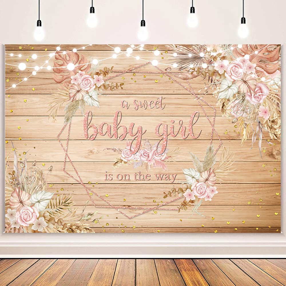 AIBIIN 7x5ft Rustic Wood Baby Shower Backdrop Boho A Sweet Baby Girl is On The Way Pink Pampas Grass Flowers Baby Shower PHotography Background Boho Baby Shower Decorations for Girl Supplies