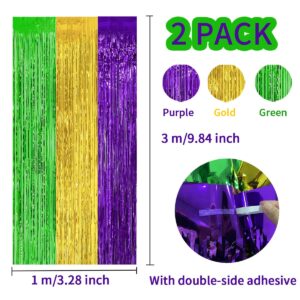 2 Pack 3.2ft x 9.8ft Mardi Gras Metallic Foil Fringe Curtain, Purple Green Gold Tinsel Curtains Streamers Party Photo Booth Props Backdrop for Mardi Gras Themed Party, St. Patrick's Day