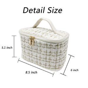 UBMSA Travel Makeup Bag Cosmetic Bag for Women Girls, Large Capacity Weave Woolen Cloth Travel Toiletry Organizer Makeup Bags Accessories Storage (White)