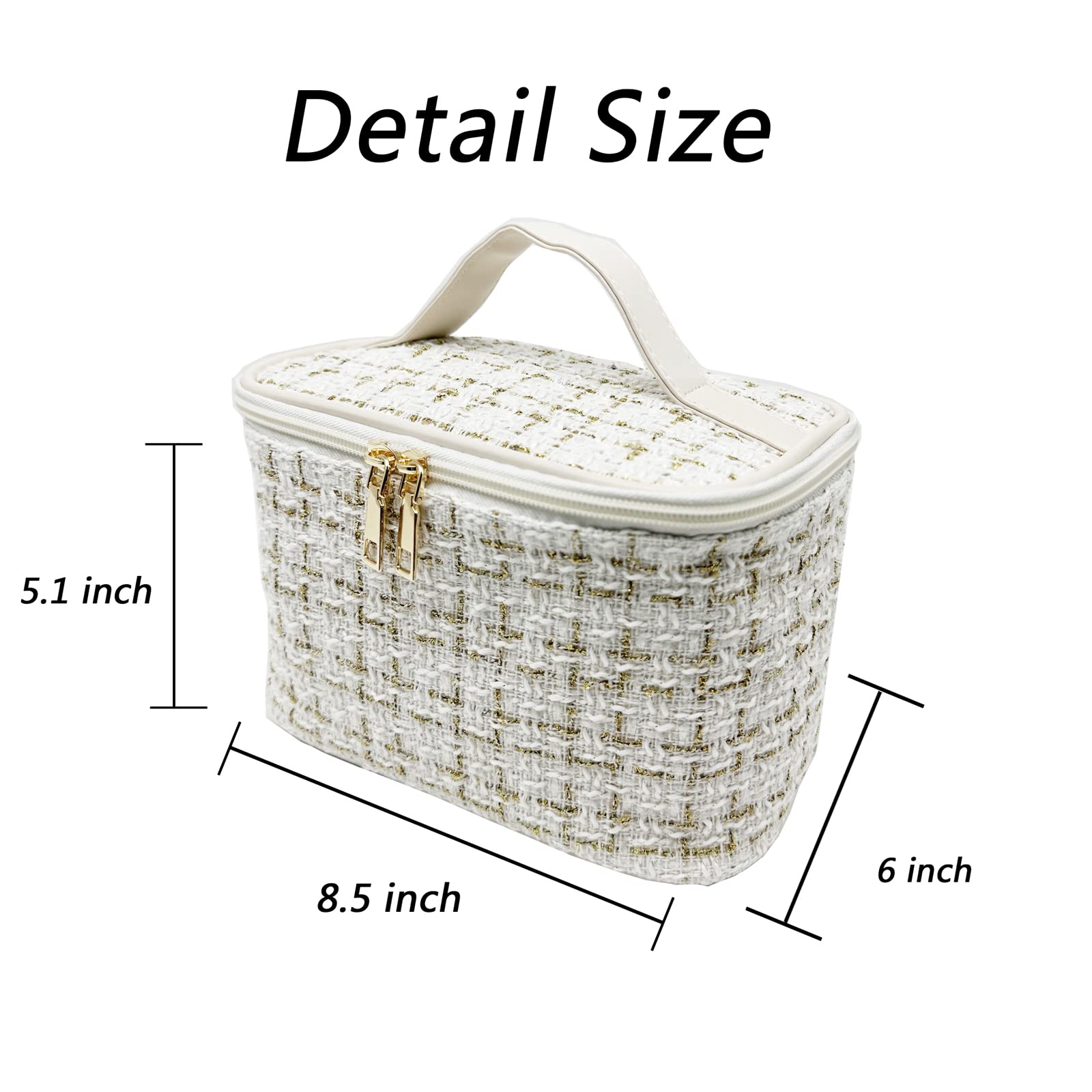 UBMSA Travel Makeup Bag Cosmetic Bag for Women Girls, Large Capacity Weave Woolen Cloth Travel Toiletry Organizer Makeup Bags Accessories Storage (White)