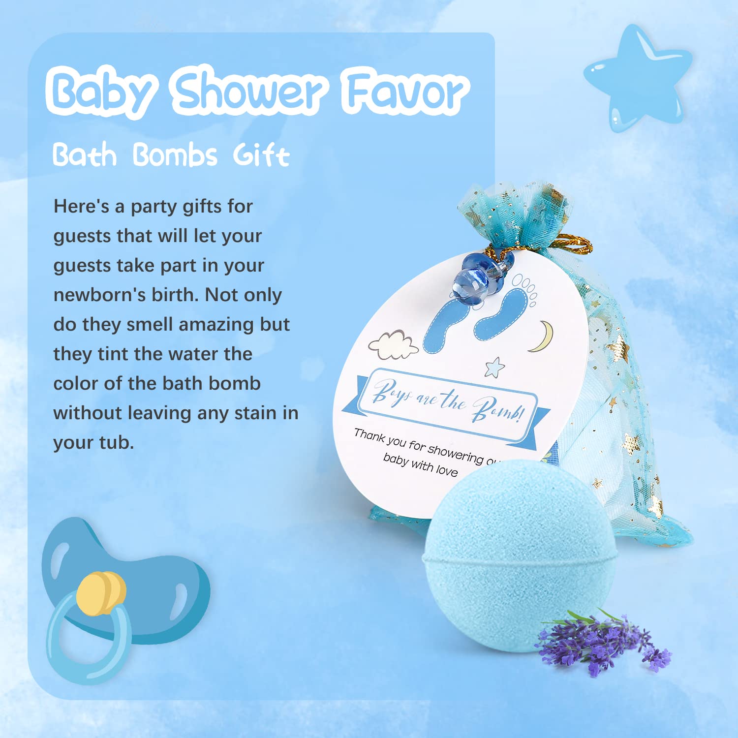 iAOVUEBY Baby Shower Favors, Unique Baby Shower Gifts for Guest Gift Set - 12 PCS Bath Bombs Organza Bags Little Pacifier Thank You Card, Gender Reveal Party Favors for Guests (Boy's are The Bomb)