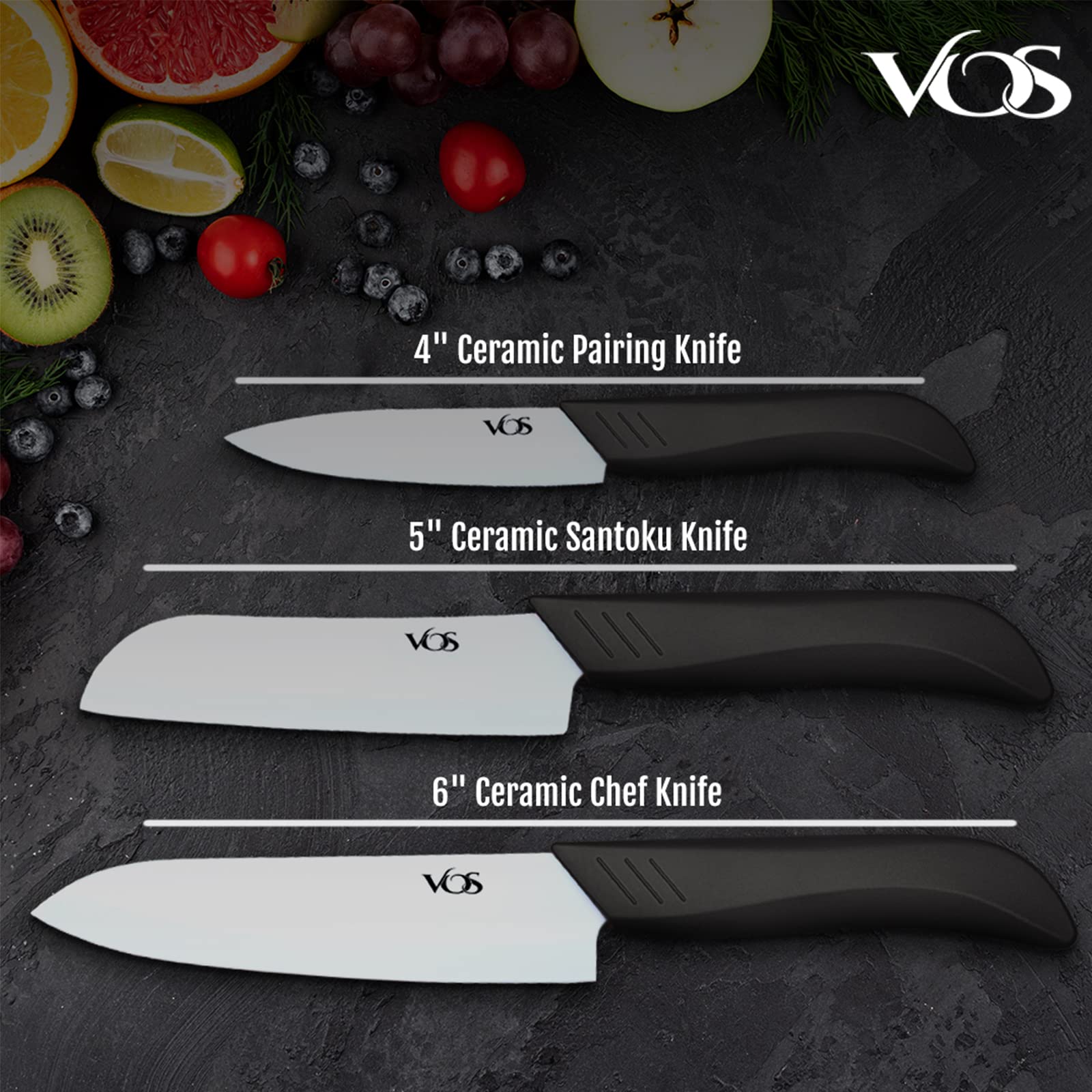 Vos Ceramic Knife Set for Kitchen - Includes 3", 4", 5", 6" Knives with Covers & Peeler in Black - Sharp Ceramic Blades for Versatile Cutting and Paring