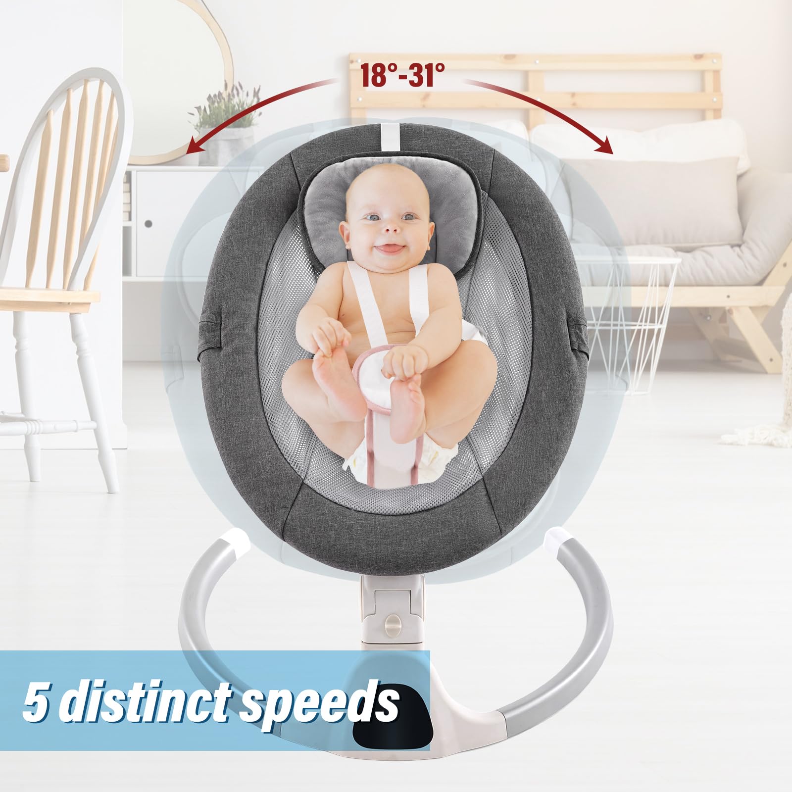 Baby Swing for Infants,Comfort Cradling Baby Rocker Portable Newborn Swing with Music/Remote Control/Timing Function,Grey